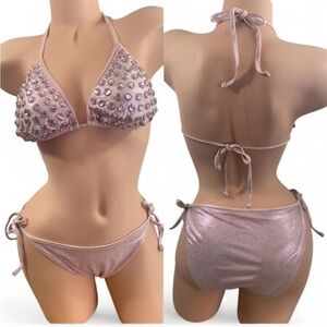 Betsey Johnson Bikini Pink Rhinestone Gems Crystal Studded Retro Vintage